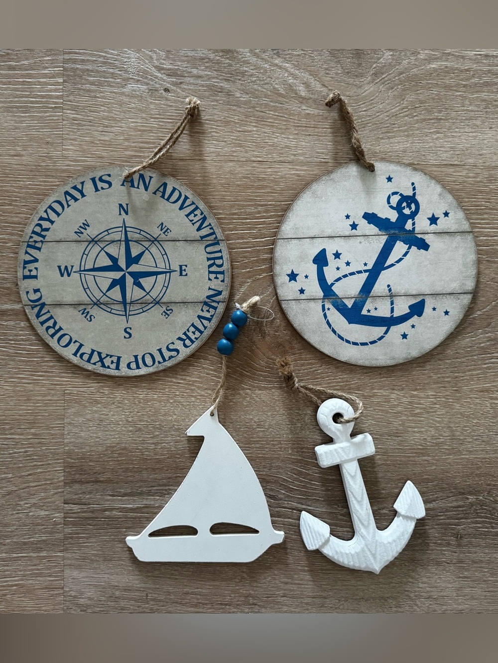 Nautical Wall Hanging Home Decor - Wood, White & Navy Blue